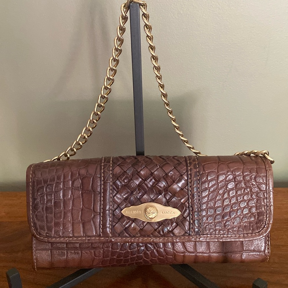 Elliott Lucca Leather Woven Croc Shoulder Clutch